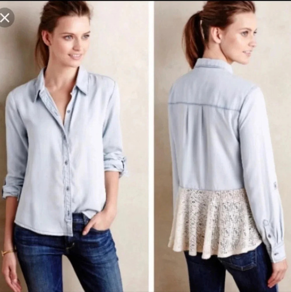 Holding Horses Anthropologie Chambray Top size Medium Lace Button Festival Rodeo - Picture 1 of 7